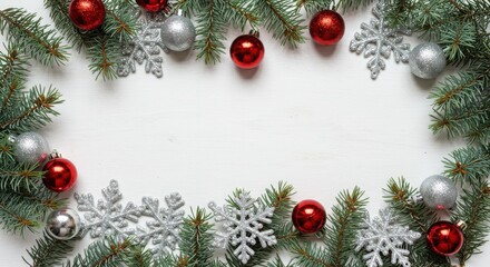 Christmas decorations, evergreen branches, silver and red ornaments, white background, snowflake ornaments, festive border, holiday