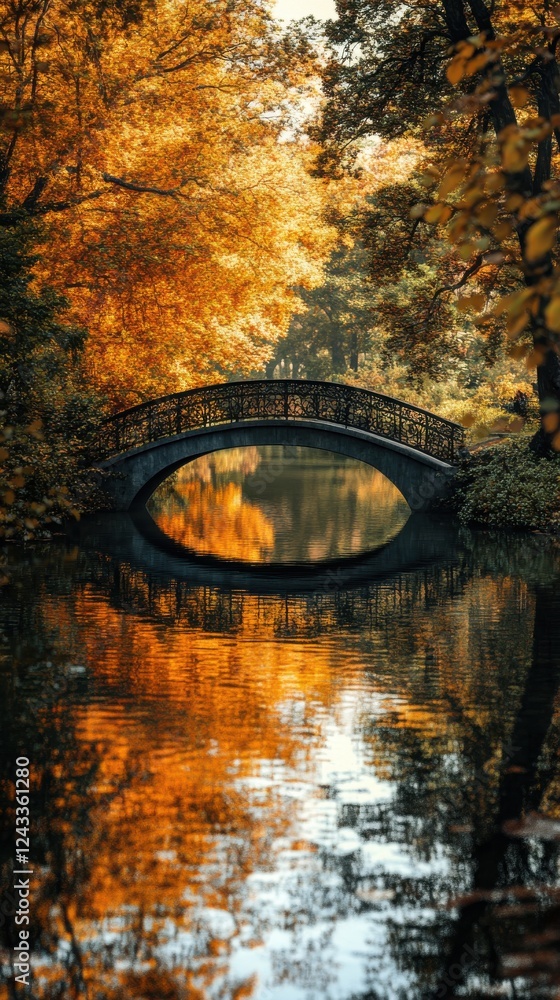 Poster narrow bridge reflected in calm waters surrounded by autumn foliage creating a peaceful nature setti