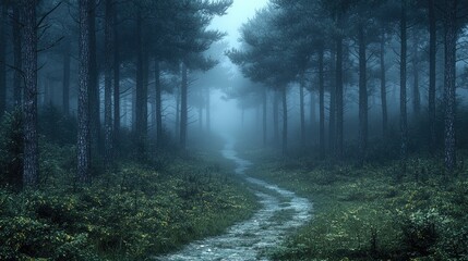 Fototapeta premium Misty Forest Path Winding Through Tall Pine Trees