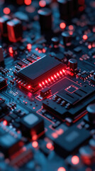Fototapeta premium Close-up of a High-Tech Circuit Board with Illuminated Microchips and Red LED Lights