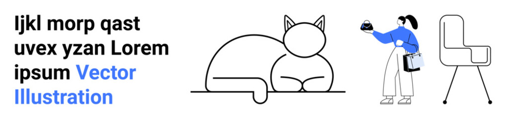 Black outline cat lying down, person holding object near a chair, and bold typographic text. Ideal for design, pets, lifestyle, modern decor, minimalism, typography and flat landing page banner