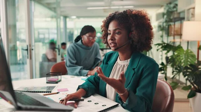 Consultation, virtual assistant and woman with laptop in office for administrative support with crm. Communication, headset and female business secretary with online appointment schedule in workplace