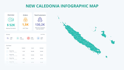Business Growth Infographic Map of New Caledonia. Orders, Customers, Sales Overview & product Infographic Map of New Caledonia. Easy to edit