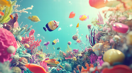 vibrant underwater world filled with colorful sea creatures, coral reefs, and aquatic plants creates whimsical scene. lively fish swim among vivid corals, showcasing nature beauty