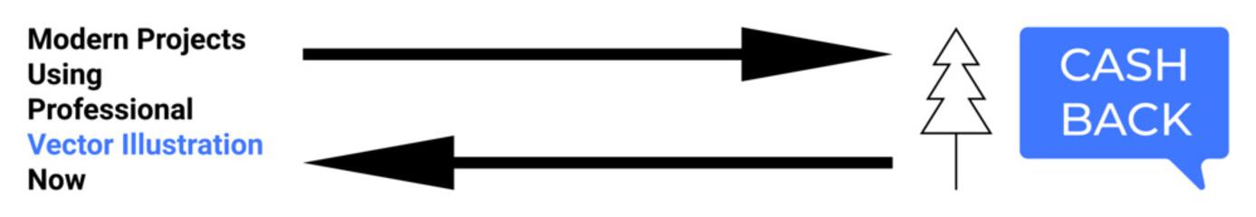 Two bold arrows indicate transactional flow towards a tree icon and cashback speech bubble. Ideal for finance, cashback programs, transactions, marketing, e-commerce, savings, flat landing page