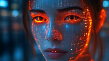 Woman's face with glowing futuristic digital overlay.