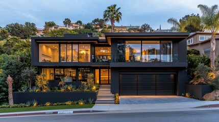 Modern hillside home, twilight, California, real estate listing