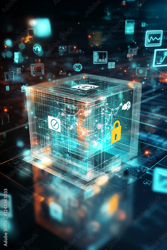 Poster Digital abstract technology concept with interconnected data and security icons, representing the modern world of data protection, cybersecurity, and digital communication.