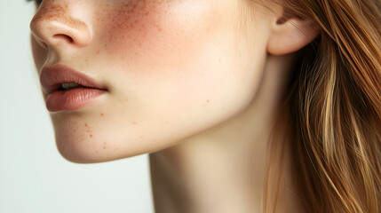 Obraz premium Close-up profile of a young woman's face, showcasing freckles, soft lips, and delicate features against a light background 