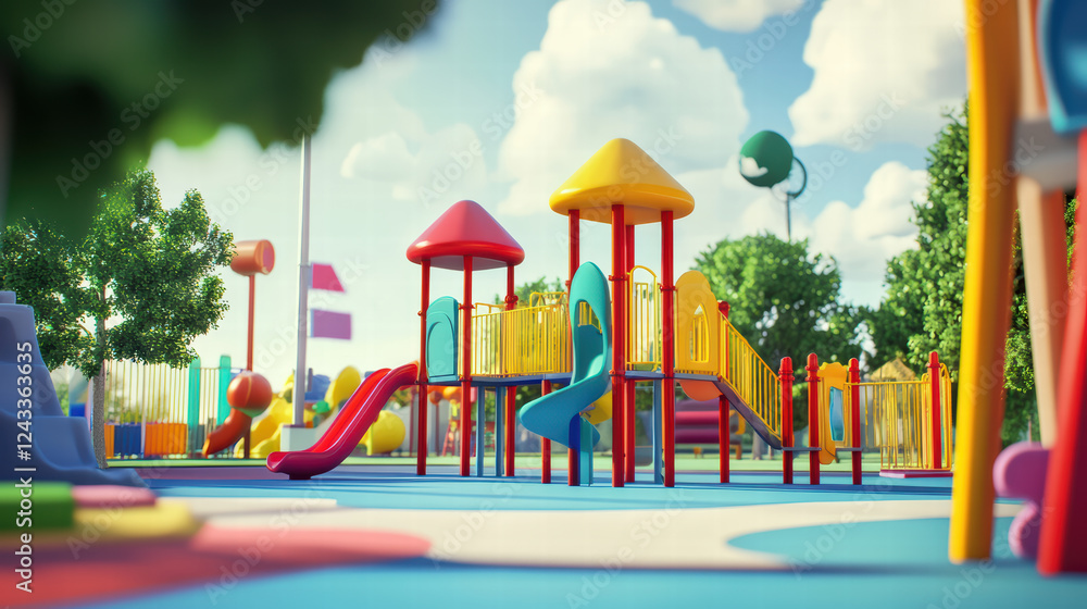 Poster bright and cheerful children playground featuring colorful slides, climbing structures, and vibrant 
