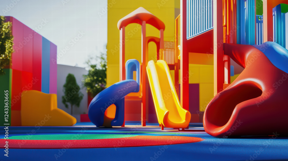 Poster bright and colorful children playground featuring vibrant slides and play structures, creating cheer