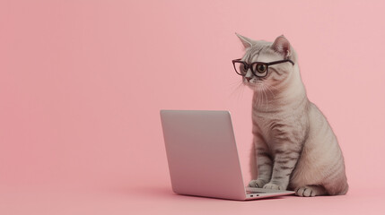 ピンクの背景でメガネをかけてパソコンに向かうかわいい猫のイラスト