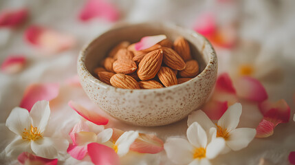 Almonds nestled inside a small ceramic bowl surrounded by delicate flower petals.