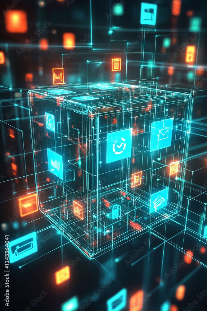 Poster digital technology concept showcasing interconnected icons, including cloud, lock, email, and data a