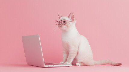 ピンクの背景でメガネをかけてパソコンに向かうかわいい猫のイラスト