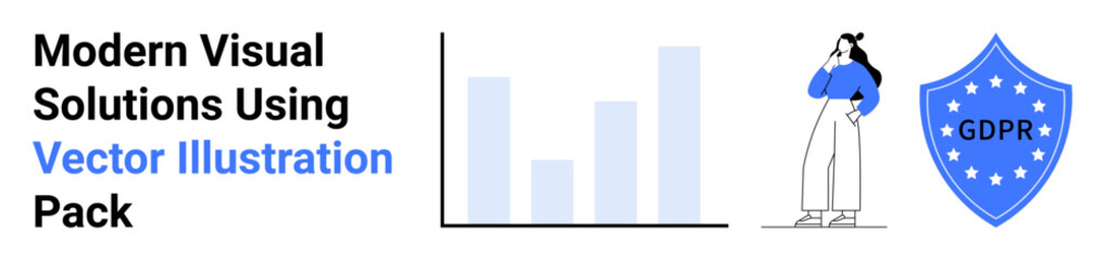 Bar chart, thoughtful woman, and GDPR shield represent data management, security, creativity. Ideal for business, marketing, data privacy innovation user interface compliance. Flat landing page