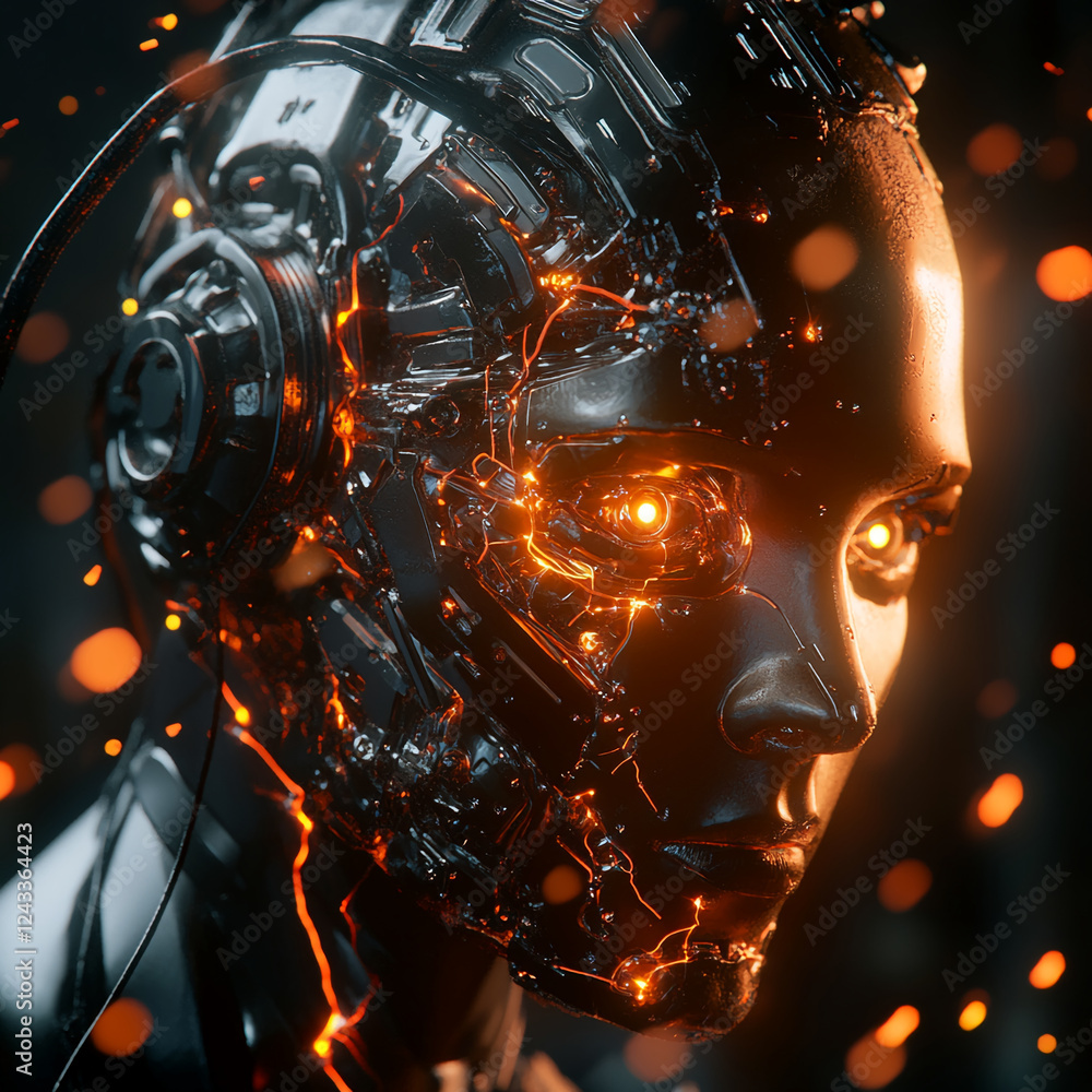 Poster a futuristic cybernetic humanoid robot's face with glowing orange eyes, showcasing a high-tech, digi