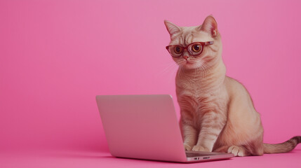 ピンクの背景でメガネをかけてパソコンに向かうかわいい猫のイラスト