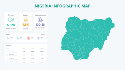 Naklejka premium Business Growth Infographic Map of Nigeria. Orders, Customers, Sales Overview & product Infographic Map of Nigeria. Easy to edit