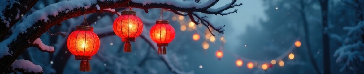 Sinterklaas lanterns hanging from a snowy tree branch, tree, branch