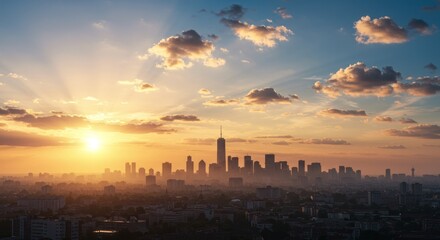 Sunset, Sky clouds over sea in the Evening with Orange, Yellow Gold sunlight in Golden hour and Dramatic fluffy, Horizon sea Summer sky landscape, Dusk sky background