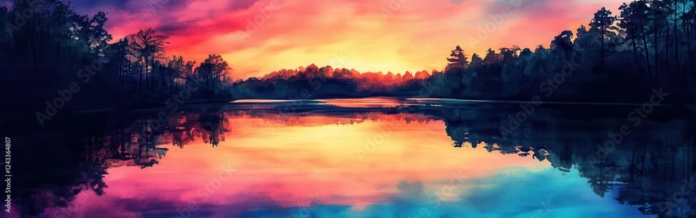 Aufkleber stunning watercolor background with vibrant sunset reflections over tranquil water and surrounding t