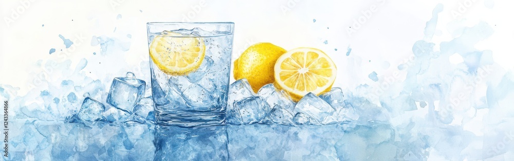 Poster Refreshing lemonade served with ice and lemon slices on a watercolor background