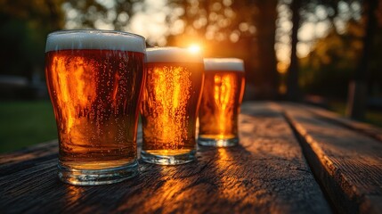 Three glasses of golden beer on a rustic wooden table during sunset in a serene outdoor setting