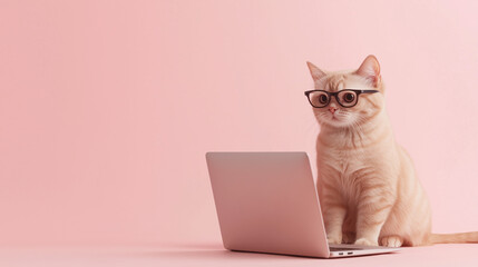ピンクの背景でメガネをかけてパソコンに向かうかわいい猫のイラスト