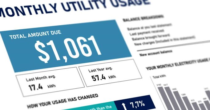 Utility bill rising cost, electric bill statement with increasing expenses, invoice, close-up camera movement over paper document, footage