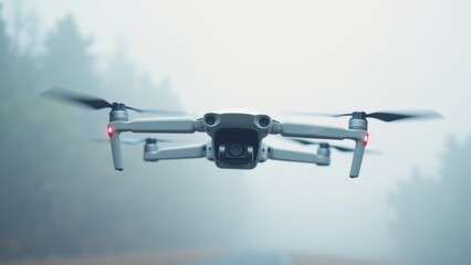 A flying drone with a camera hovers in a foggy forest, showcasing advanced technology in aerial photography and videography.