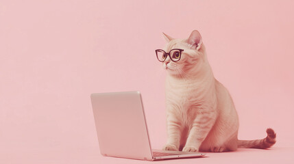 ピンクの背景でメガネをかけてパソコンに向かうかわいい猫のイラスト