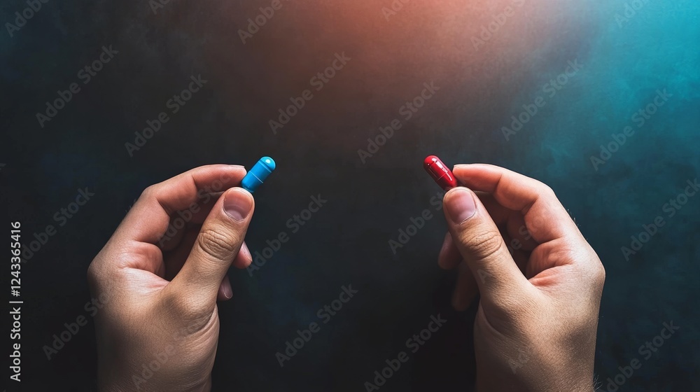 Aufkleber hands holding a red pill and a blue pill, symbolizing a difficult choice, representing the concept o