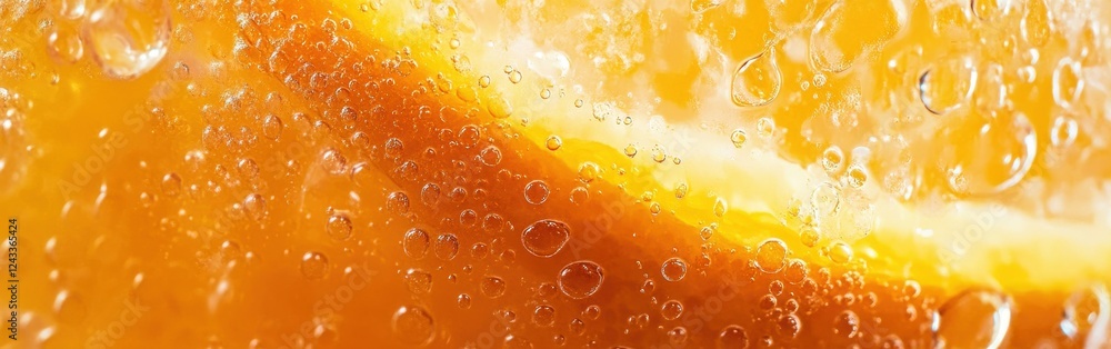 Poster Close-up of orange slice submerged in sparkling beverage with bubbles forming in water droplets