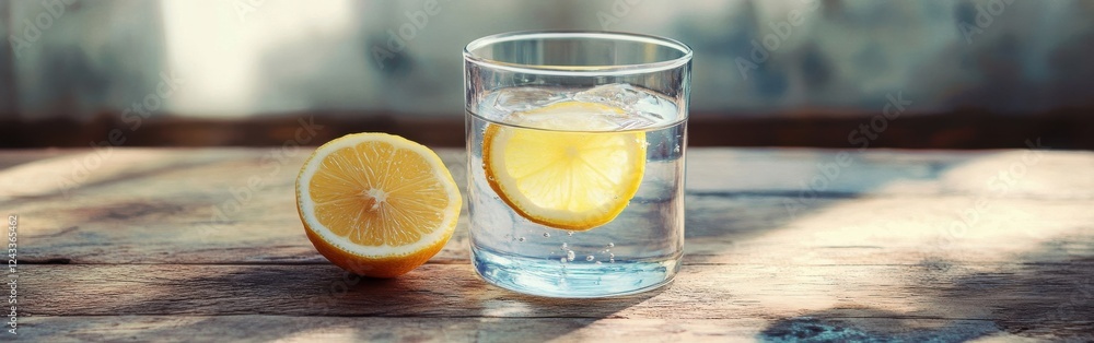 Poster refreshing glass of lemon water with a slice of lemon on a wooden table in a bright, natural setting