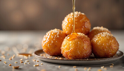 Close-up of loukoumades drizzled with honey, culinary delight