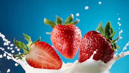 strawberry falling into milk splash slow motion fresh sliced strawberries flying milk