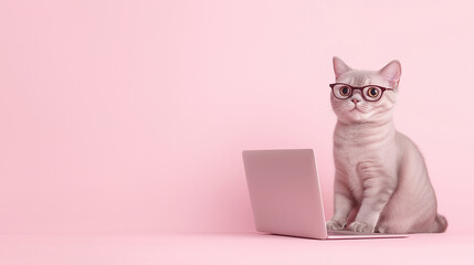 ピンクの背景でメガネをかけてパソコンに向かうかわいい猫のイラスト