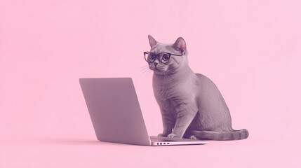 ピンクの背景でメガネをかけてパソコンに向かうかわいい猫のイラスト