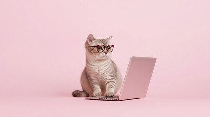 ピンクの背景でメガネをかけてパソコンに向かうかわいい猫のイラスト