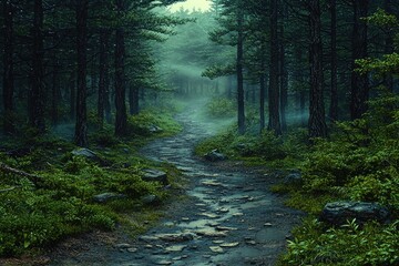 Obraz premium Misty Forest Path Winding Through Lush Green Woods