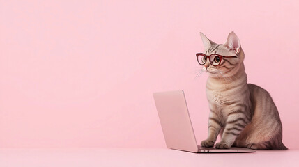ピンクの背景でメガネをかけてパソコンに向かうかわいい猫のイラスト