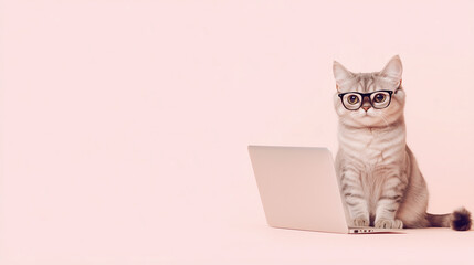 ピンクの背景でメガネをかけてパソコンに向かうかわいい猫のイラスト