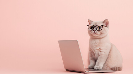 ピンクの背景でメガネをかけてパソコンに向かうかわいい猫のイラスト
