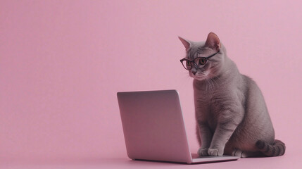 ピンクの背景でメガネをかけてパソコンに向かうかわいい猫のイラスト