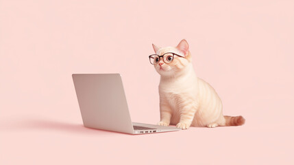 ピンクの背景でメガネをかけてパソコンに向かうかわいい猫のイラスト