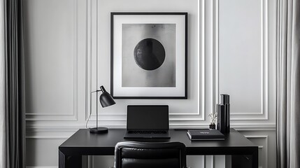 Modern minimalist home office workspace with black accents