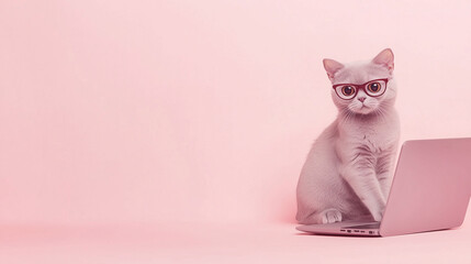 ピンクの背景でメガネをかけてパソコンに向かうかわいい猫のイラスト