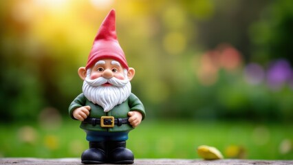 Obraz premium A garden gnome with a red hat and green outfit stands on a wooden surface with a blurred garden background.