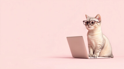 ピンクの背景でメガネをかけてパソコンに向かうかわいい猫のイラスト